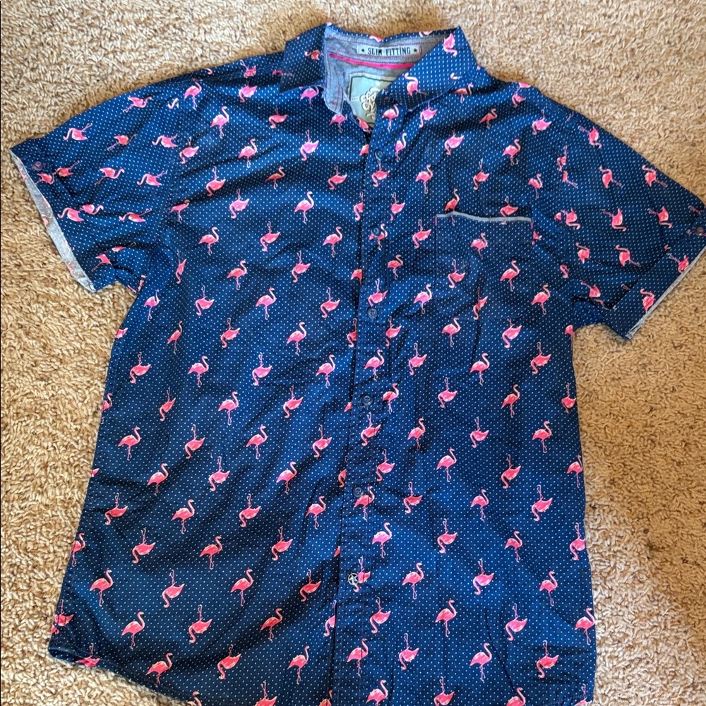 Good Vibes Slim Fit Navy Short-Sleeve Button-Down-Pink Flamingo Print Size Large